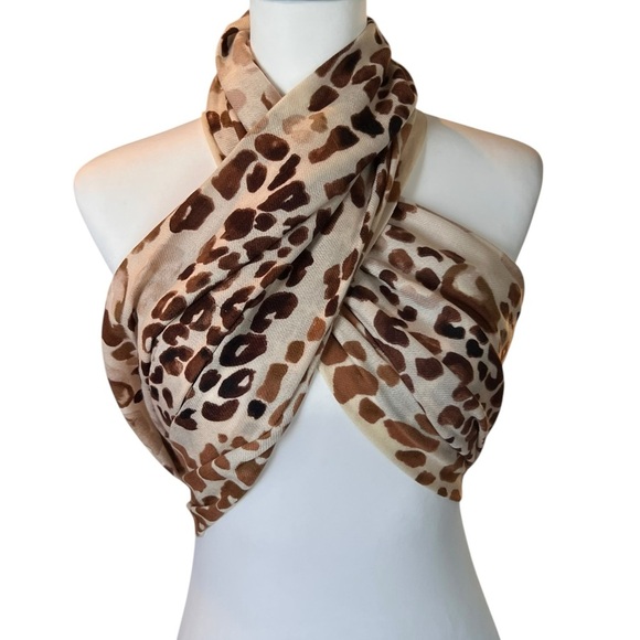 Leopard Print Fringe Scarf Wrap Shawl Neutral Tan Brown Animal Print - Picture 4 of 10